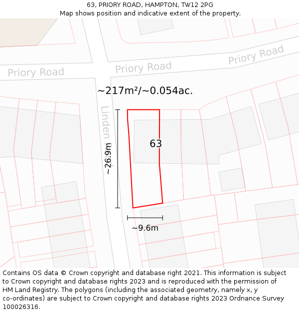 63, PRIORY ROAD, HAMPTON, TW12 2PG: Plot and title map