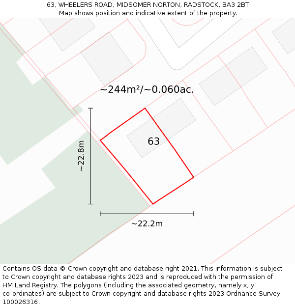 63, WHEELERS ROAD, MIDSOMER NORTON, RADSTOCK, BA3 2BT: Plot and title map