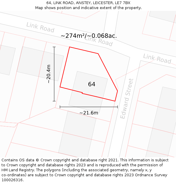 64, LINK ROAD, ANSTEY, LEICESTER, LE7 7BX: Plot and title map