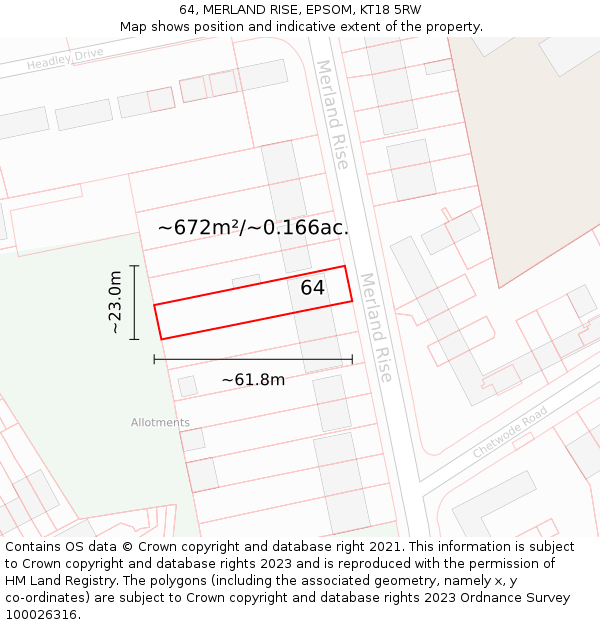 64, MERLAND RISE, EPSOM, KT18 5RW: Plot and title map