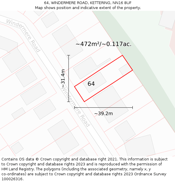 64, WINDERMERE ROAD, KETTERING, NN16 8UF: Plot and title map