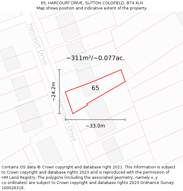 65, HARCOURT DRIVE, SUTTON COLDFIELD, B74 4LN: Plot and title map