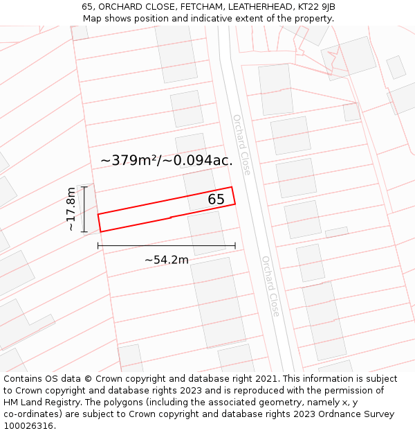 65, ORCHARD CLOSE, FETCHAM, LEATHERHEAD, KT22 9JB: Plot and title map