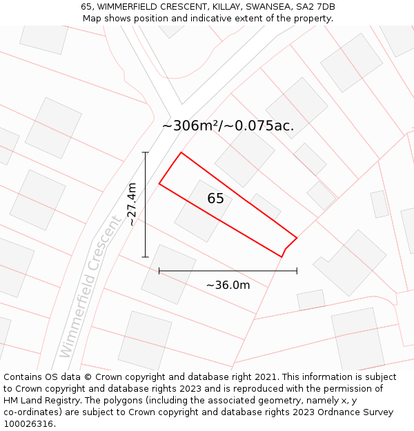 65, WIMMERFIELD CRESCENT, KILLAY, SWANSEA, SA2 7DB: Plot and title map