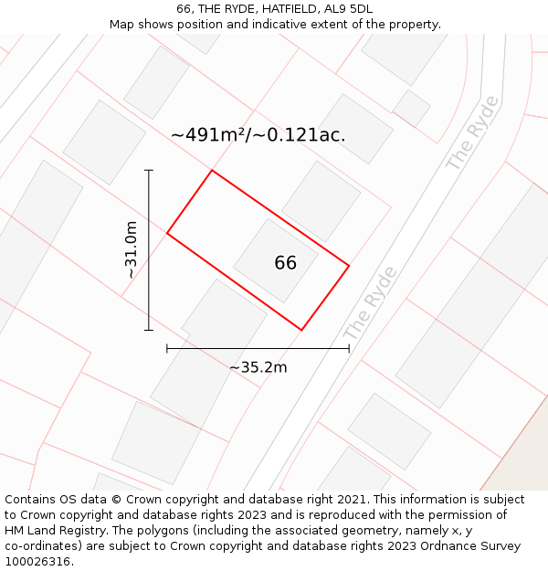 66, THE RYDE, HATFIELD, AL9 5DL: Plot and title map
