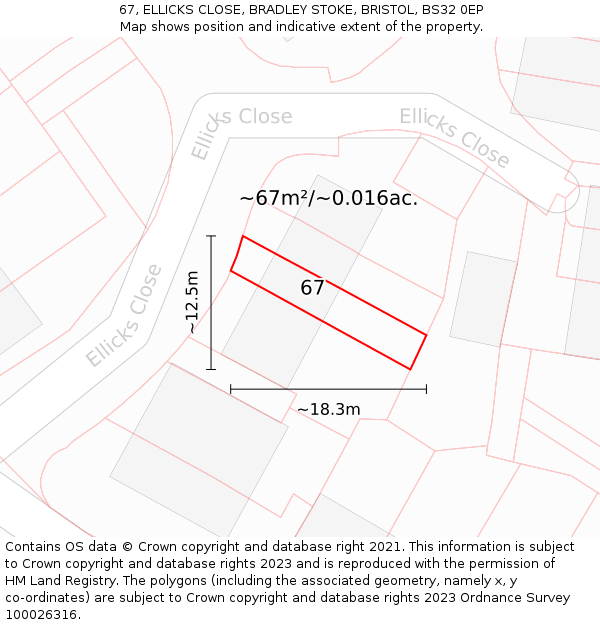 67, ELLICKS CLOSE, BRADLEY STOKE, BRISTOL, BS32 0EP: Plot and title map