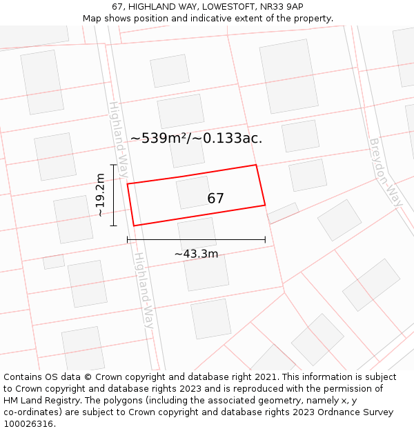 67, HIGHLAND WAY, LOWESTOFT, NR33 9AP: Plot and title map