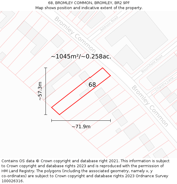 68, BROMLEY COMMON, BROMLEY, BR2 9PF: Plot and title map