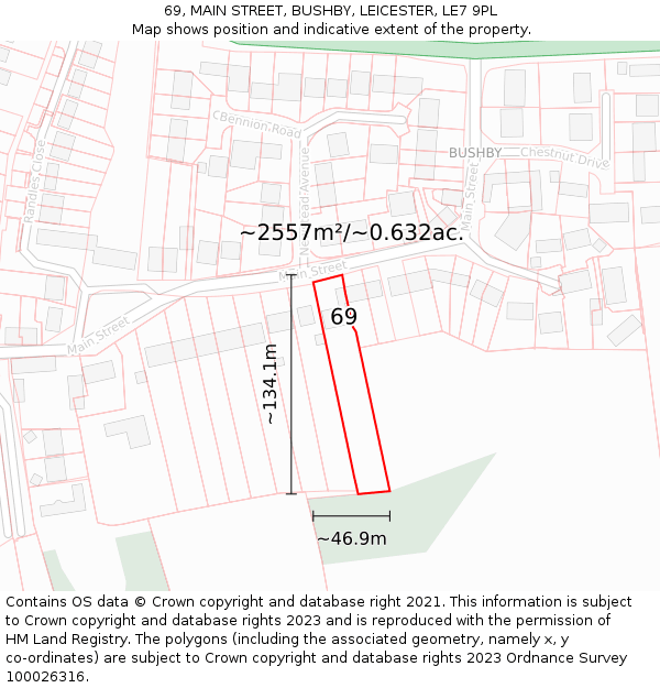 69, MAIN STREET, BUSHBY, LEICESTER, LE7 9PL: Plot and title map