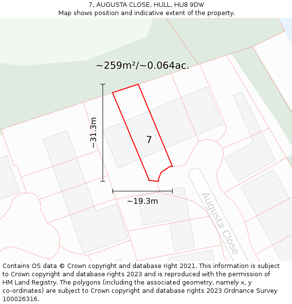 7, AUGUSTA CLOSE, HULL, HU8 9DW: Plot and title map