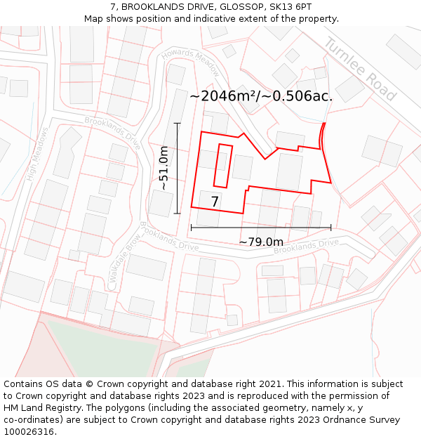 7, BROOKLANDS DRIVE, GLOSSOP, SK13 6PT: Plot and title map