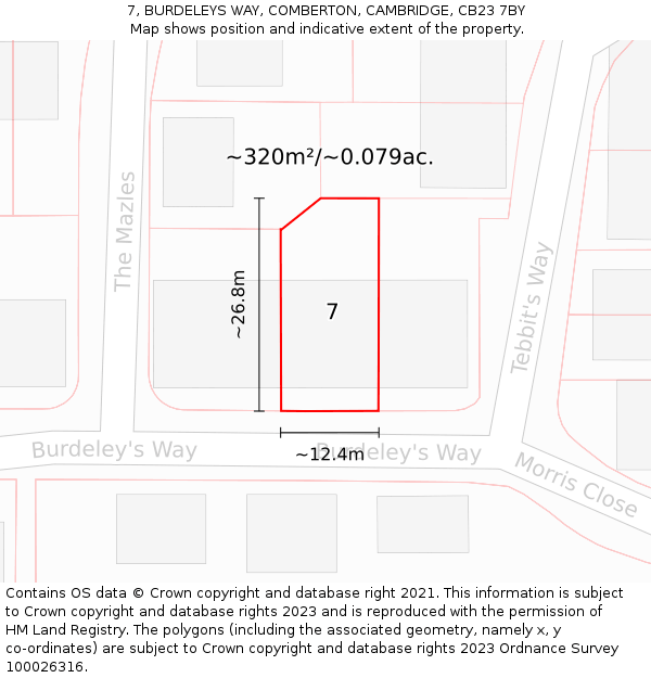7, BURDELEYS WAY, COMBERTON, CAMBRIDGE, CB23 7BY: Plot and title map
