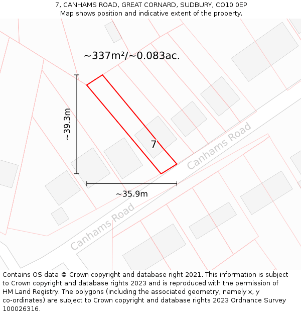 7, CANHAMS ROAD, GREAT CORNARD, SUDBURY, CO10 0EP: Plot and title map