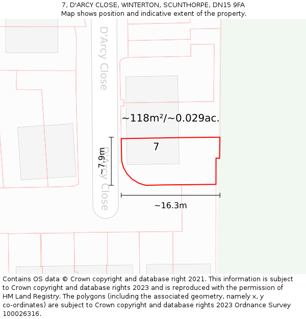 7, D'ARCY CLOSE, WINTERTON, SCUNTHORPE, DN15 9FA: Plot and title map