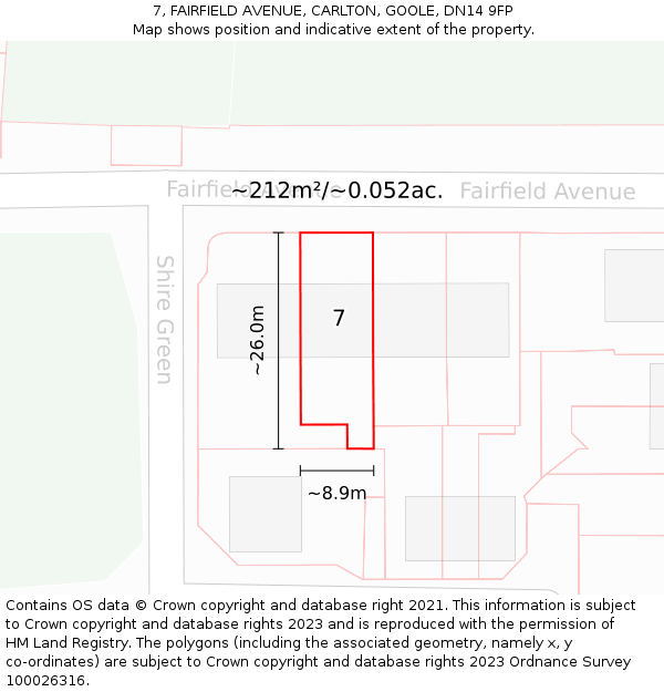 7, FAIRFIELD AVENUE, CARLTON, GOOLE, DN14 9FP: Plot and title map