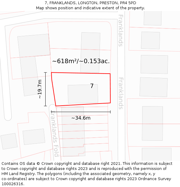 7, FRANKLANDS, LONGTON, PRESTON, PR4 5PD: Plot and title map