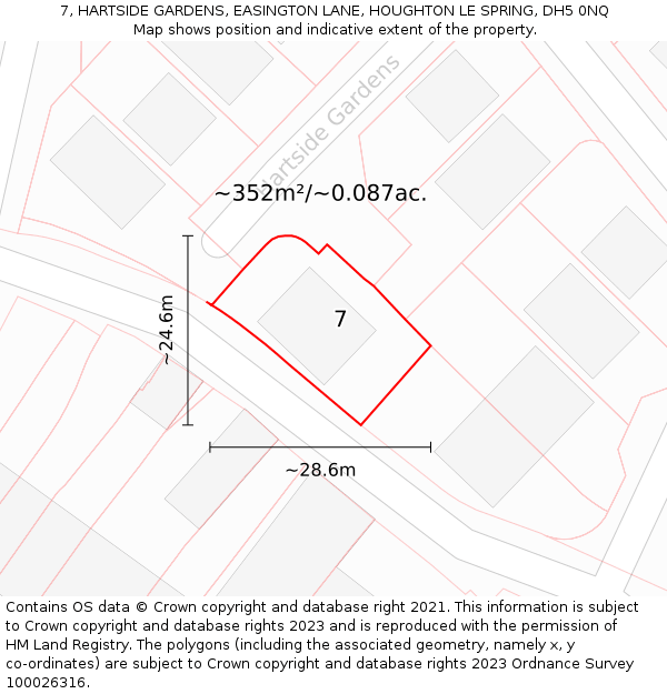 7, HARTSIDE GARDENS, EASINGTON LANE, HOUGHTON LE SPRING, DH5 0NQ: Plot and title map