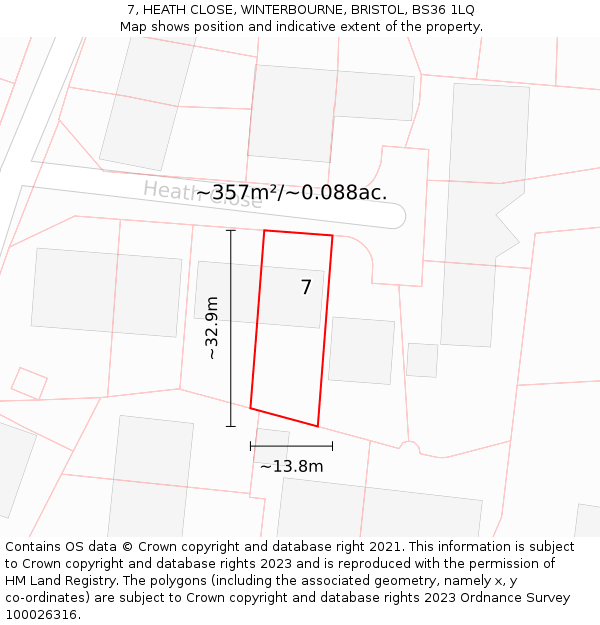 7, HEATH CLOSE, WINTERBOURNE, BRISTOL, BS36 1LQ: Plot and title map