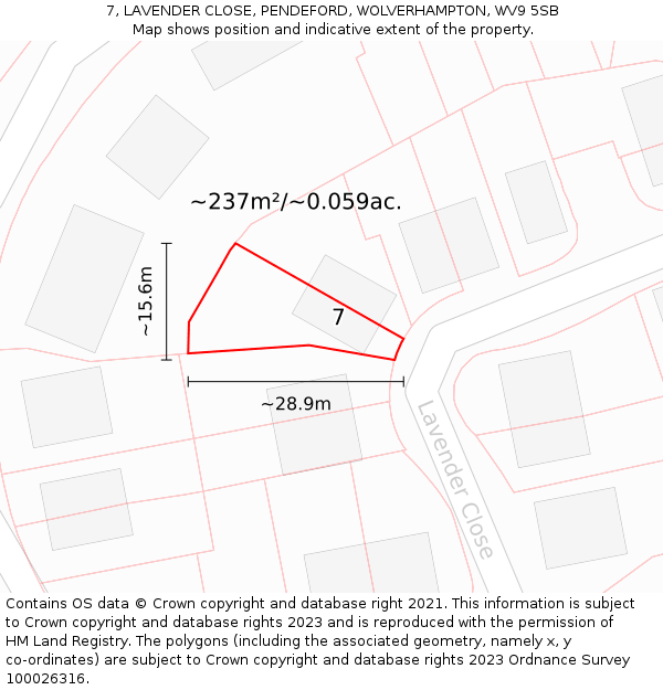 7, LAVENDER CLOSE, PENDEFORD, WOLVERHAMPTON, WV9 5SB: Plot and title map