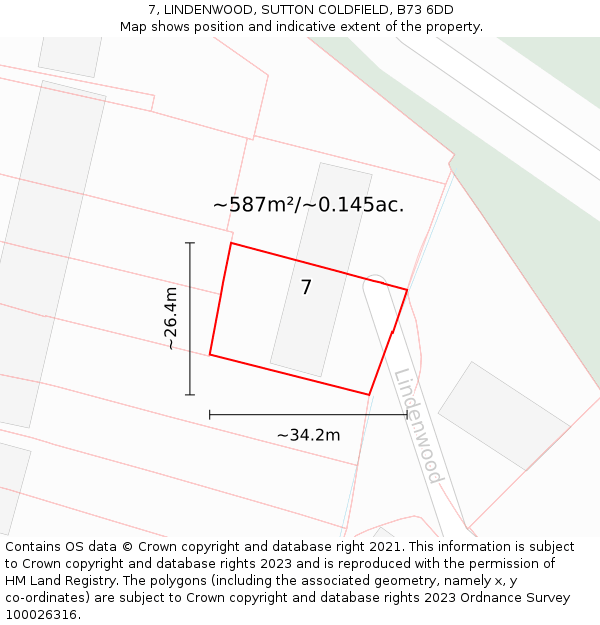 7, LINDENWOOD, SUTTON COLDFIELD, B73 6DD: Plot and title map