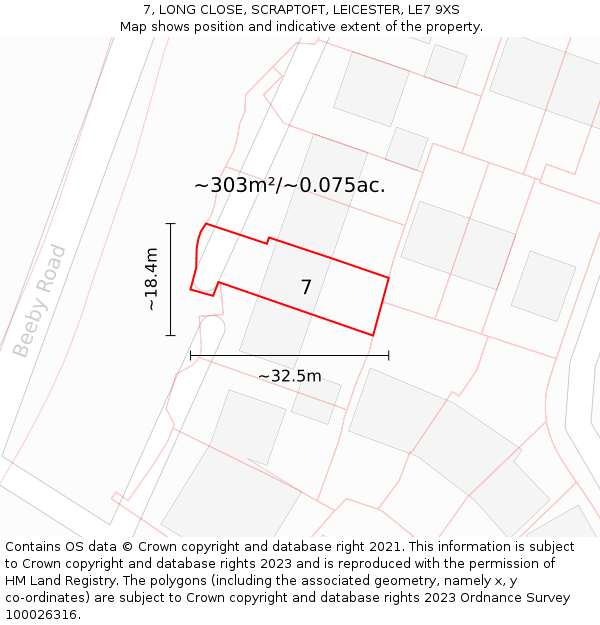 7, LONG CLOSE, SCRAPTOFT, LEICESTER, LE7 9XS: Plot and title map