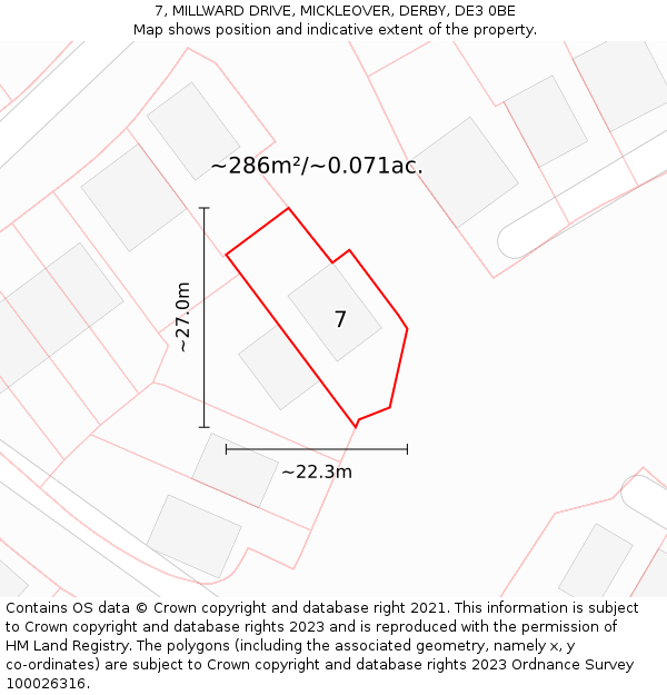 7, MILLWARD DRIVE, MICKLEOVER, DERBY, DE3 0BE: Plot and title map