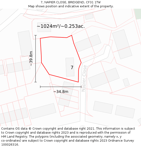 7, NAPIER CLOSE, BRIDGEND, CF31 1TW: Plot and title map