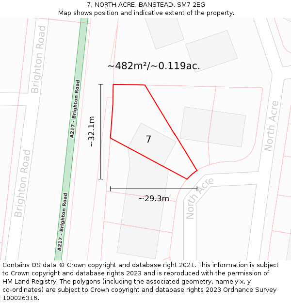 7, NORTH ACRE, BANSTEAD, SM7 2EG: Plot and title map