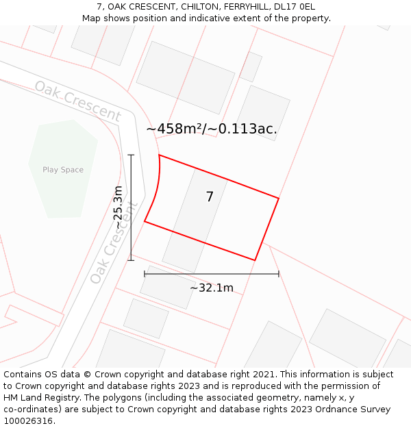 7, OAK CRESCENT, CHILTON, FERRYHILL, DL17 0EL: Plot and title map