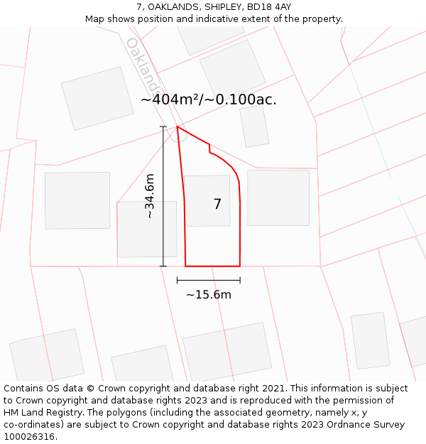 7, OAKLANDS, SHIPLEY, BD18 4AY: Plot and title map