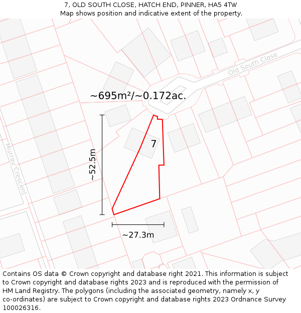 7, OLD SOUTH CLOSE, HATCH END, PINNER, HA5 4TW: Plot and title map