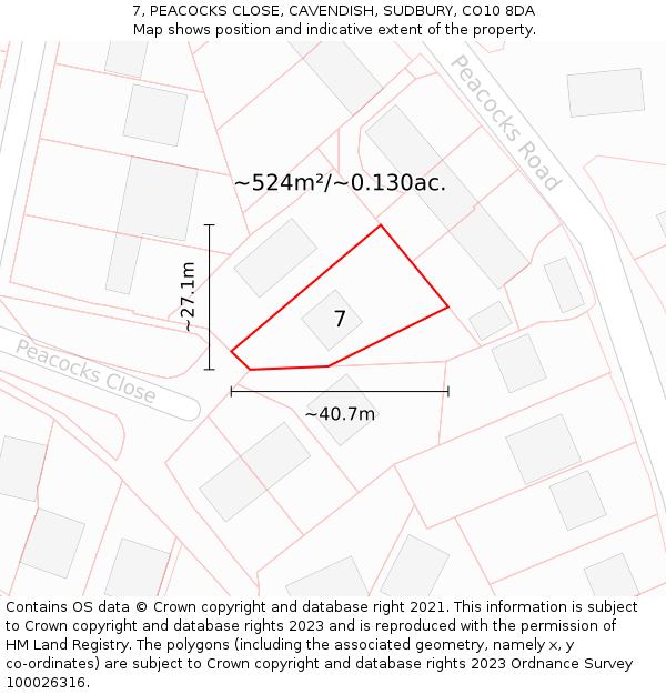7, PEACOCKS CLOSE, CAVENDISH, SUDBURY, CO10 8DA: Plot and title map