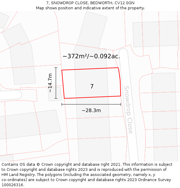 7, SNOWDROP CLOSE, BEDWORTH, CV12 0GN: Plot and title map