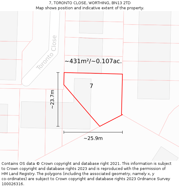 7, TORONTO CLOSE, WORTHING, BN13 2TD: Plot and title map