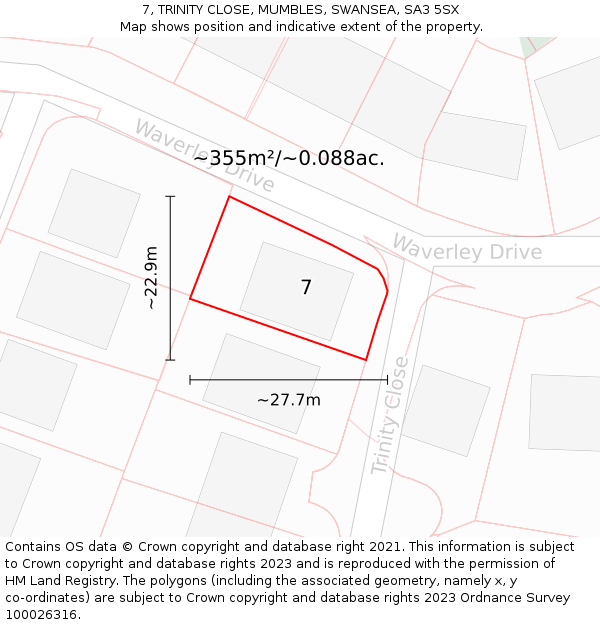 7, TRINITY CLOSE, MUMBLES, SWANSEA, SA3 5SX: Plot and title map