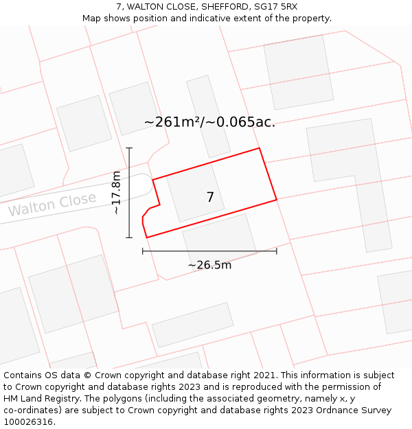 7, WALTON CLOSE, SHEFFORD, SG17 5RX: Plot and title map