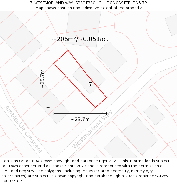 7, WESTMORLAND WAY, SPROTBROUGH, DONCASTER, DN5 7PJ: Plot and title map