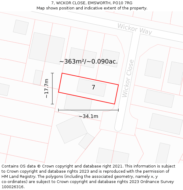 7, WICKOR CLOSE, EMSWORTH, PO10 7RG: Plot and title map