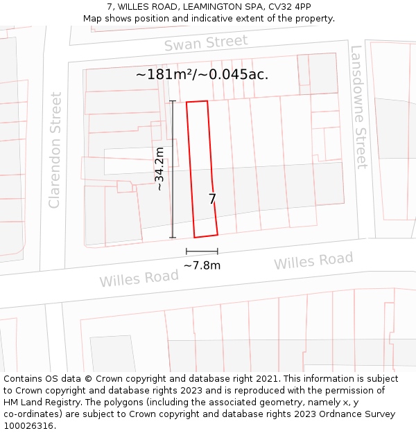 7, WILLES ROAD, LEAMINGTON SPA, CV32 4PP: Plot and title map