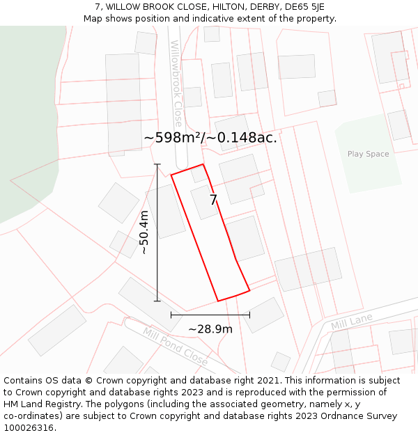 7, WILLOW BROOK CLOSE, HILTON, DERBY, DE65 5JE: Plot and title map