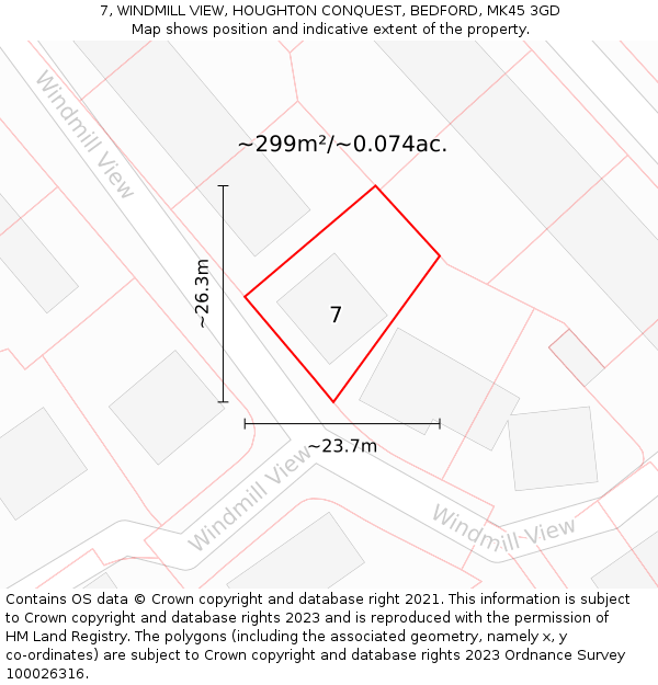 7, WINDMILL VIEW, HOUGHTON CONQUEST, BEDFORD, MK45 3GD: Plot and title map
