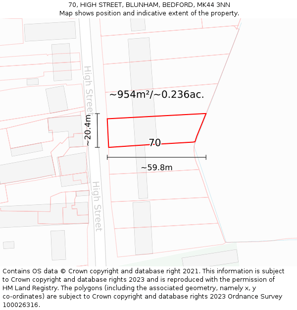 70, HIGH STREET, BLUNHAM, BEDFORD, MK44 3NN: Plot and title map