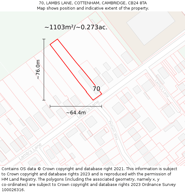 70, LAMBS LANE, COTTENHAM, CAMBRIDGE, CB24 8TA: Plot and title map
