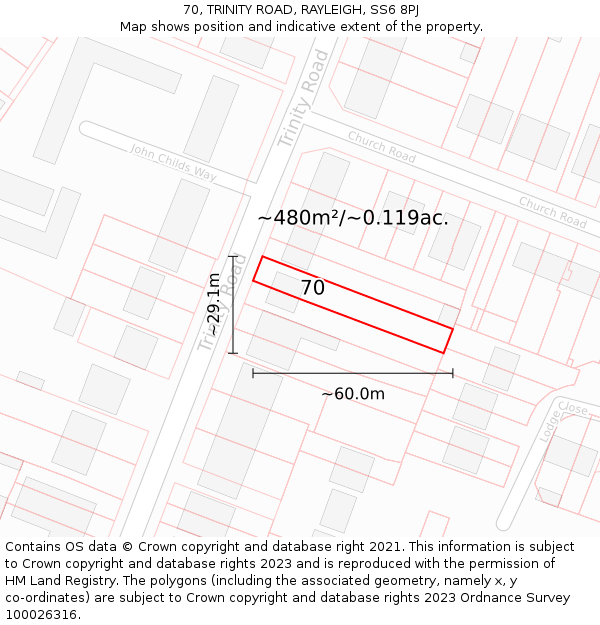70, TRINITY ROAD, RAYLEIGH, SS6 8PJ: Plot and title map