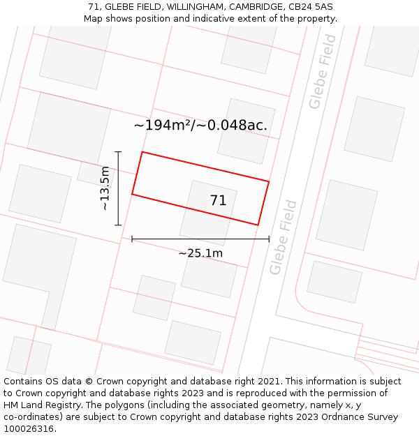 71, GLEBE FIELD, WILLINGHAM, CAMBRIDGE, CB24 5AS: Plot and title map