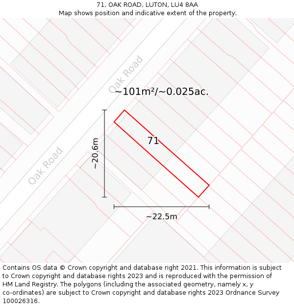 71, OAK ROAD, LUTON, LU4 8AA: Plot and title map