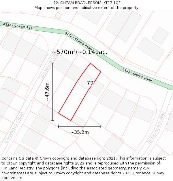 72, CHEAM ROAD, EPSOM, KT17 1QF: Plot and title map
