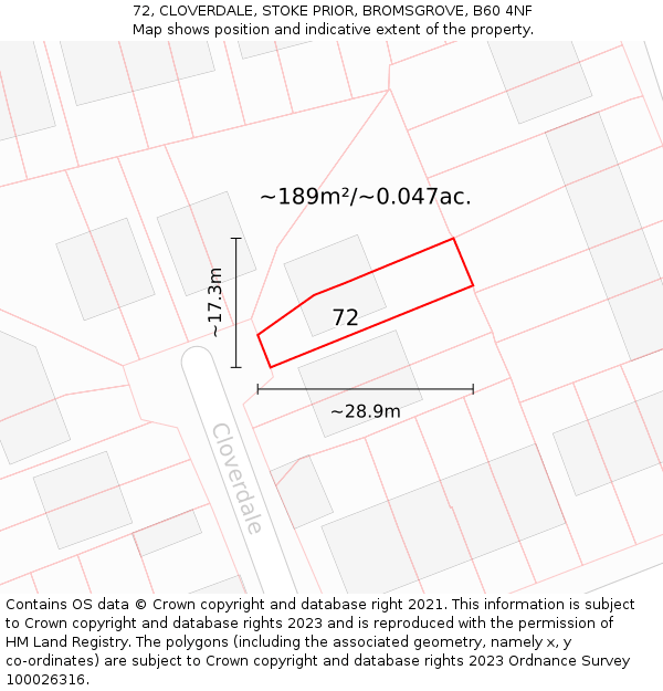 72, CLOVERDALE, STOKE PRIOR, BROMSGROVE, B60 4NF: Plot and title map