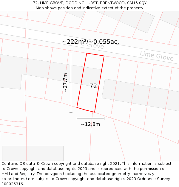 72, LIME GROVE, DODDINGHURST, BRENTWOOD, CM15 0QY: Plot and title map