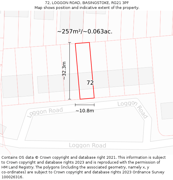 72, LOGGON ROAD, BASINGSTOKE, RG21 3PF: Plot and title map